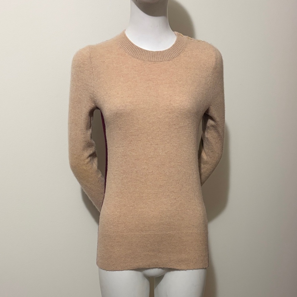 J. Crew Tan and Burgundy Elbow Patch Cashmere Wool Sweater Size S